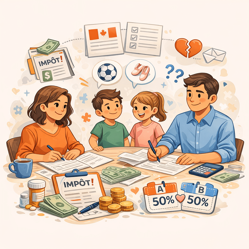 Une famille de quatre personnes remplit des formulaires fiscaux à une table entourée d'argent, de documents, d'une calculatrice et de symboles de garde. Les icônes d'un drapeau canadien, de cœurs divisés et d'objets d'enfants suggèrent le divorce et la garde partagée.