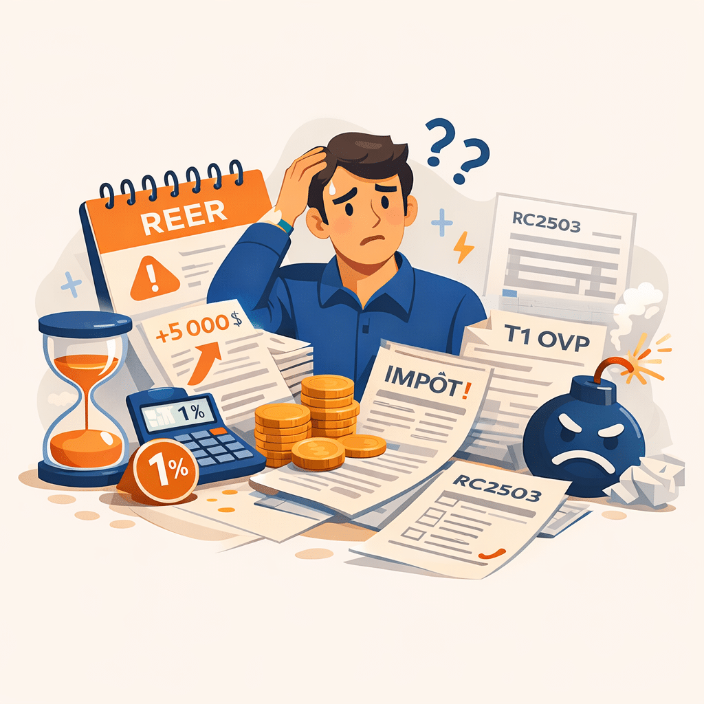 Une personne confuse entourée de documents fiscaux, de pièces de monnaie, d'une calculatrice affichant 1 %, d'un sablier, d'un calendrier étiqueté "REER" et d'une bombe avec un froncement de sourcils, illustrant le stress lié aux impôts et à la paperasserie financière.