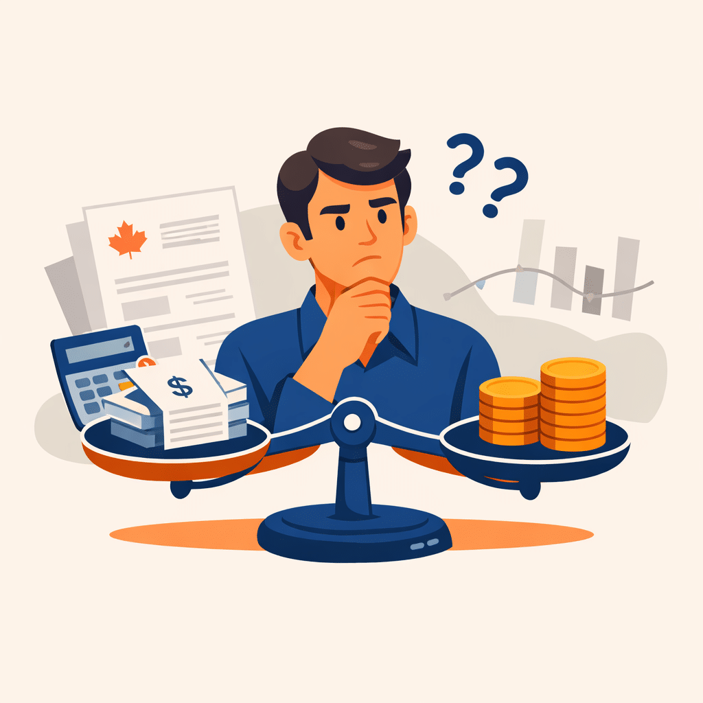 Un homme semble perplexe alors qu'il pèse des piles d'argent et de documents financiers sur une balance, avec des graphiques, une calculatrice et un papier avec un drapeau canadien en arrière-plan.